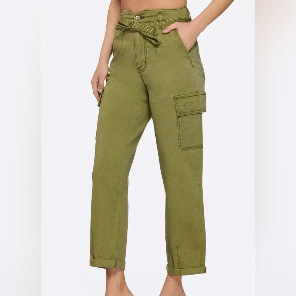 High Rise Stretchy Cargo Pants, Olive Green Khakis, Size 6
